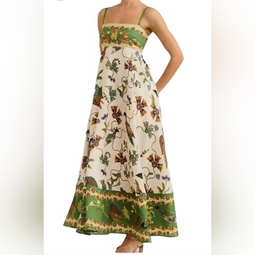 NEW Floral Green and Cream Empire Waist Adjustable Straps Flowy Maxi Dress M